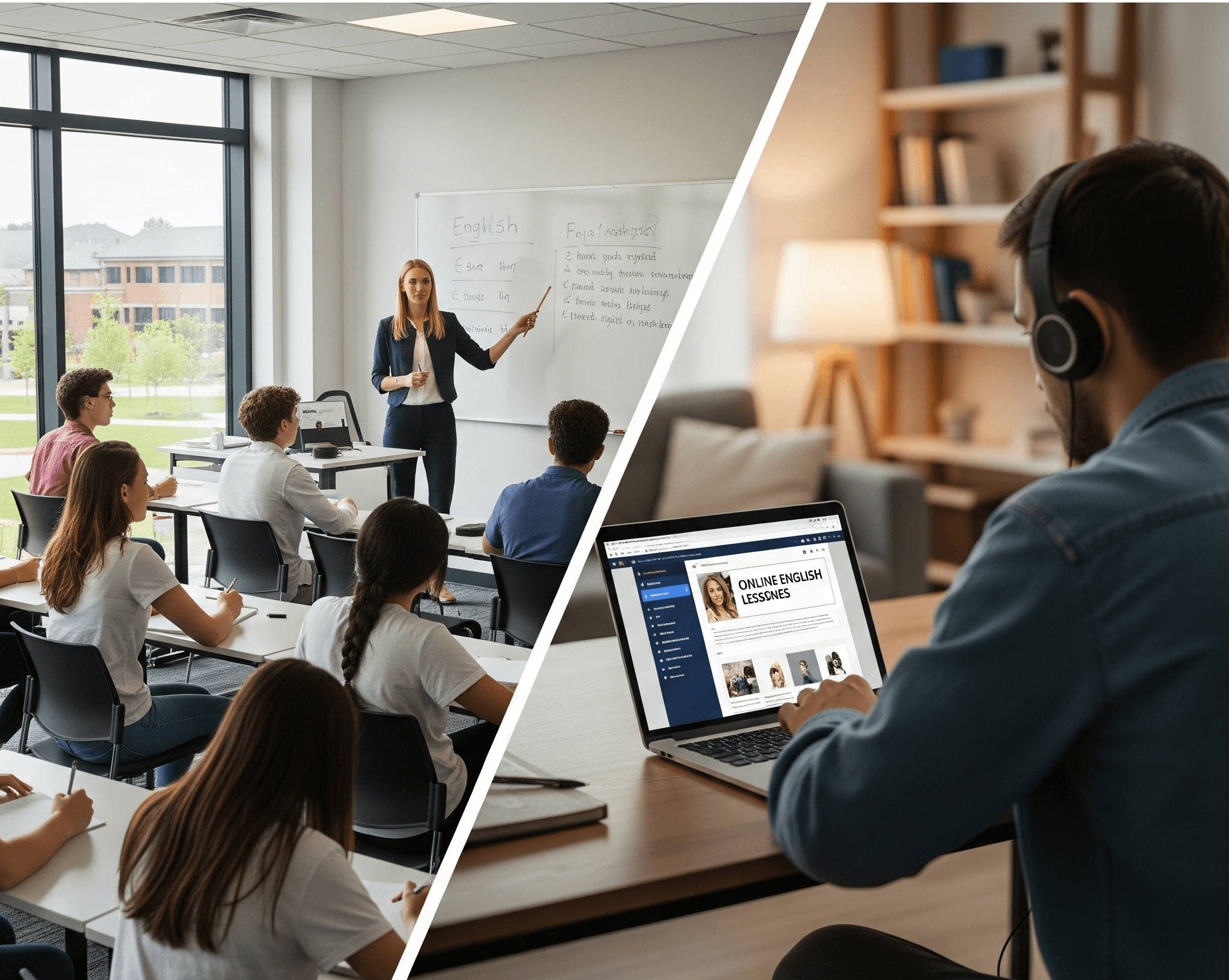 Una clase presencial y un estudiante tomando clases de inglés en línea